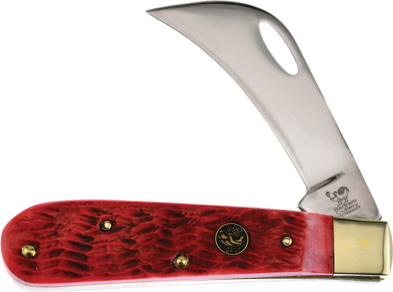 Hen & Rooster Hawkbill (HR441RPB) German Stainless Steel Mirror Polished Clip, Pen, and Sheepsfoot Blades Red Pick Bone Handle