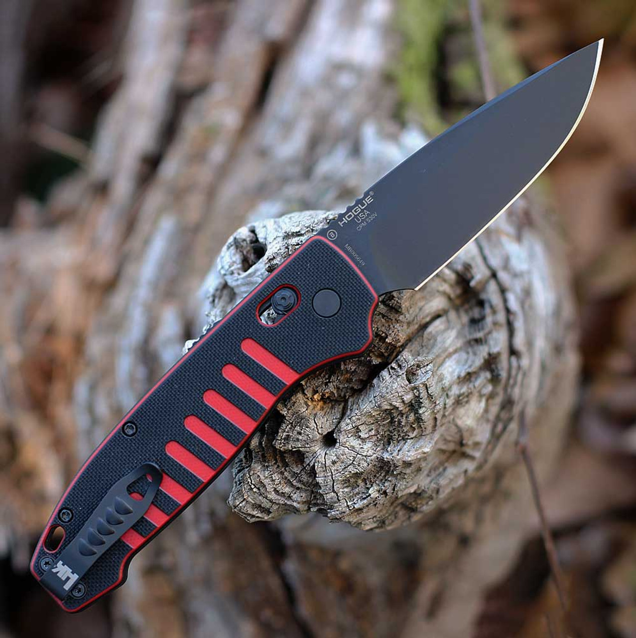 Hogue HK Ballista XL Automatic (54559) 3.75" Black Cerakote CPM-S30V Drop Point Plain Blade, ChromaCut Black and Red G-10 Handle