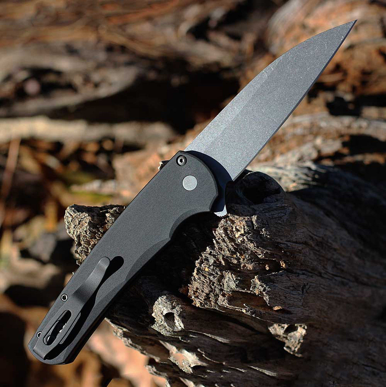 Pro-Tech Malibu Button Lock (5301)  3.5" Magnacut Stonewash Wharncliffe Plain Blade, Black Smooth Aluminum Handle, Button Lock