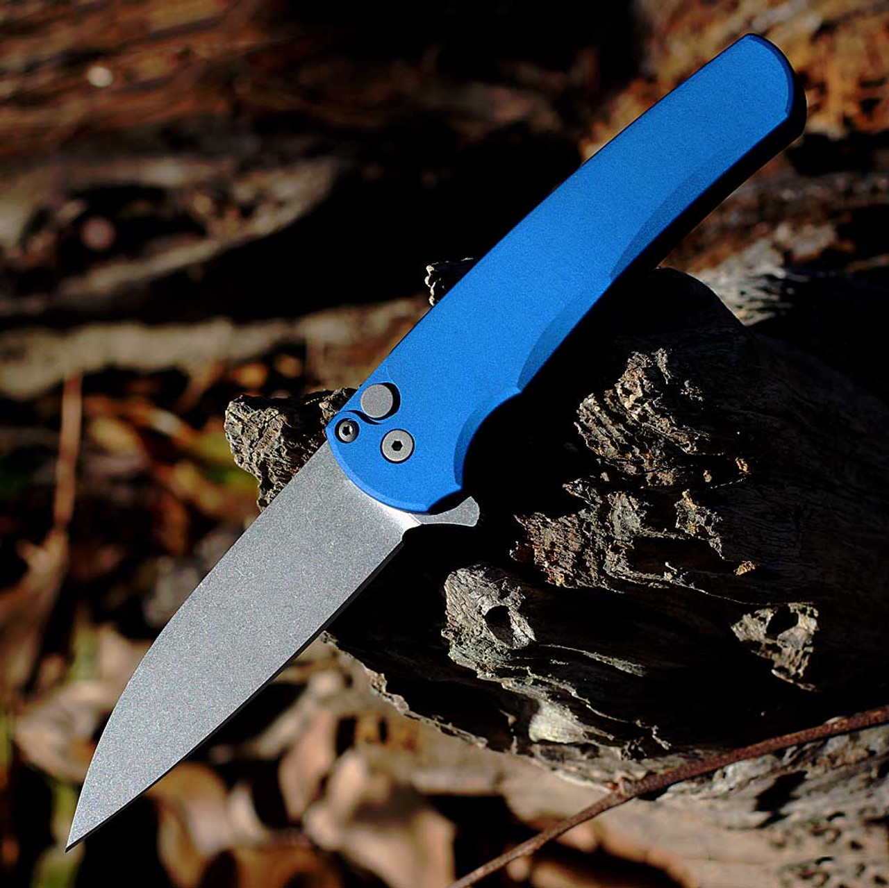 Pro-Tech Malibu Button Lock (5301-Blue)  3.5" Magnacut Stonewash Wharncliffe Plain Blade, Blue Smooth Aluminum Handle, Button Lock