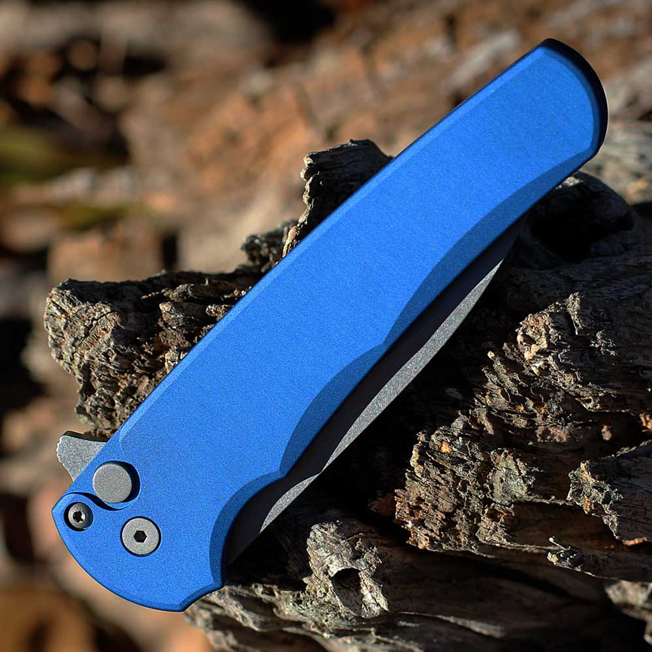 Pro-Tech Malibu Button Lock (5301-Blue)  3.5" Magnacut Stonewash Wharncliffe Plain Blade, Blue Smooth Aluminum Handle, Button Lock