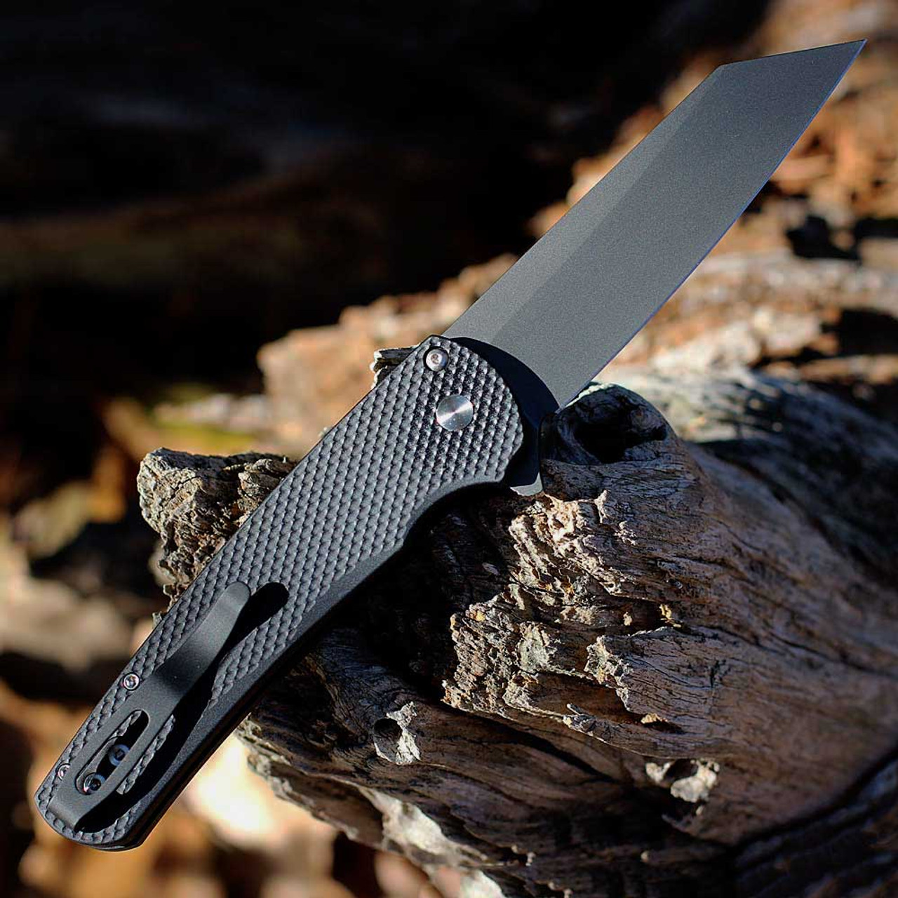 Pro-Tech Shot Show 2024 Malibu Button Lock (SHOTSHOW2024)  3.5" CPM-20CV Smoky Grey DLC Reverse Tanto Plain Blade, Textured Black Aluminum Handle, Button Lock