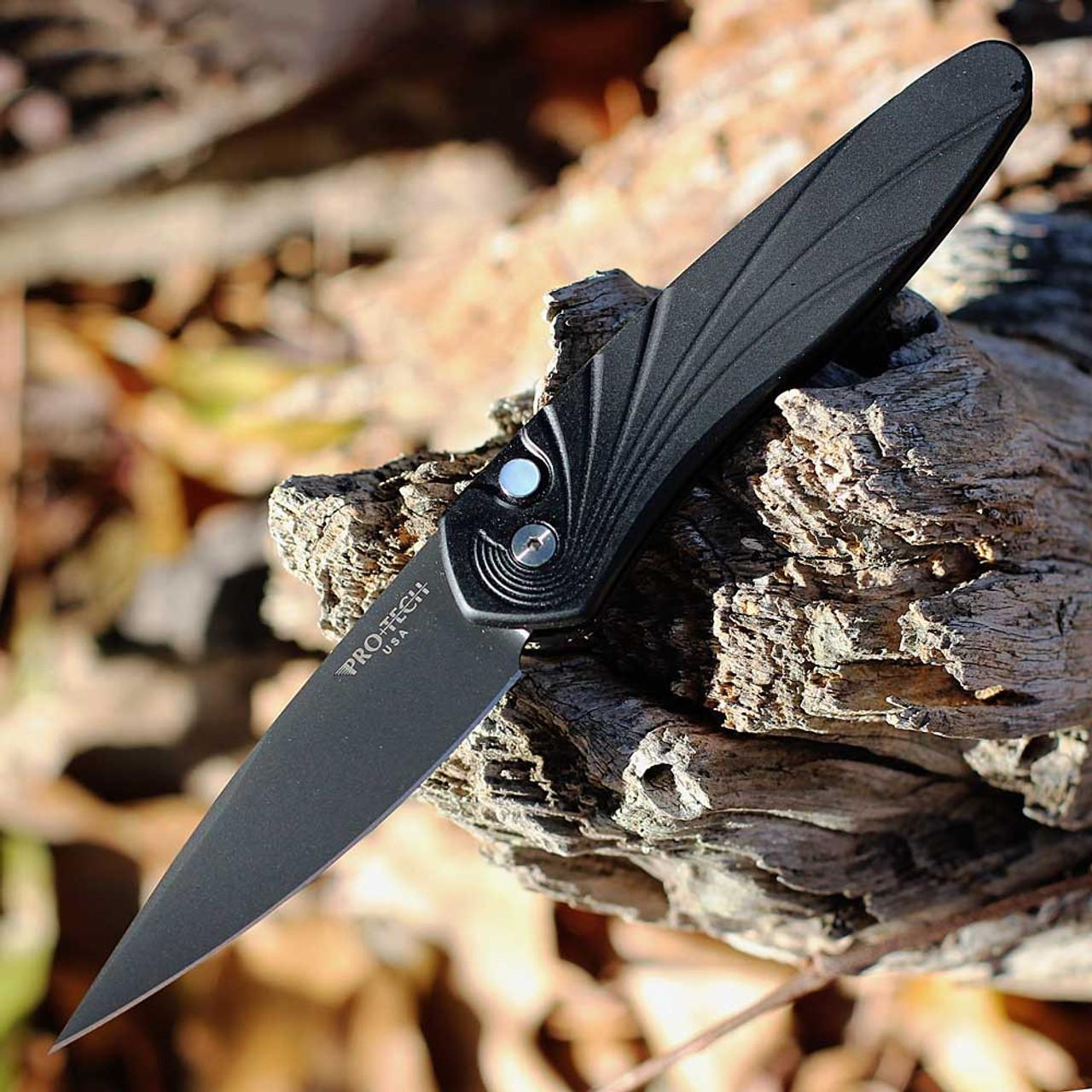 Pro-Tech Knives Newport Automatic (3437)  3" S35VN Black Spear Point Blade, Black Wave Pattern Front Aluminum Handle, Mother of Pearl Button