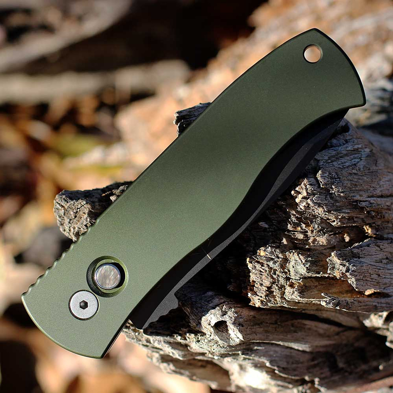 Pro-Tech Knives Emerson CQC-7 Automatic Knife (PTCQC72024) 3.25" Smoky Grey DLC 154CM Chisel Ground Tanto Plain Blade, Dark Green Smooth Aluminum Handle, Mother of Pearl, Wide Deep Carry Pocket Clip