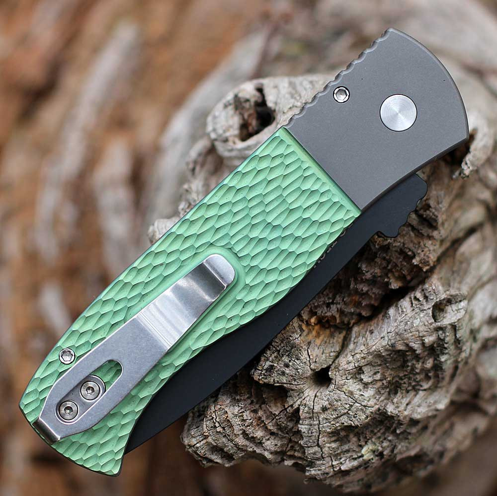 Pro-Tech Emerson CQC-7 Custom - Jigged Titanium Handle with Two-tone Blasted and Green Anodize, Pearl Button, 3.25" Two-tone (DLC Black/Satin) 154CM Chisel Tanto Blade, Wide Deep Cayy Clip