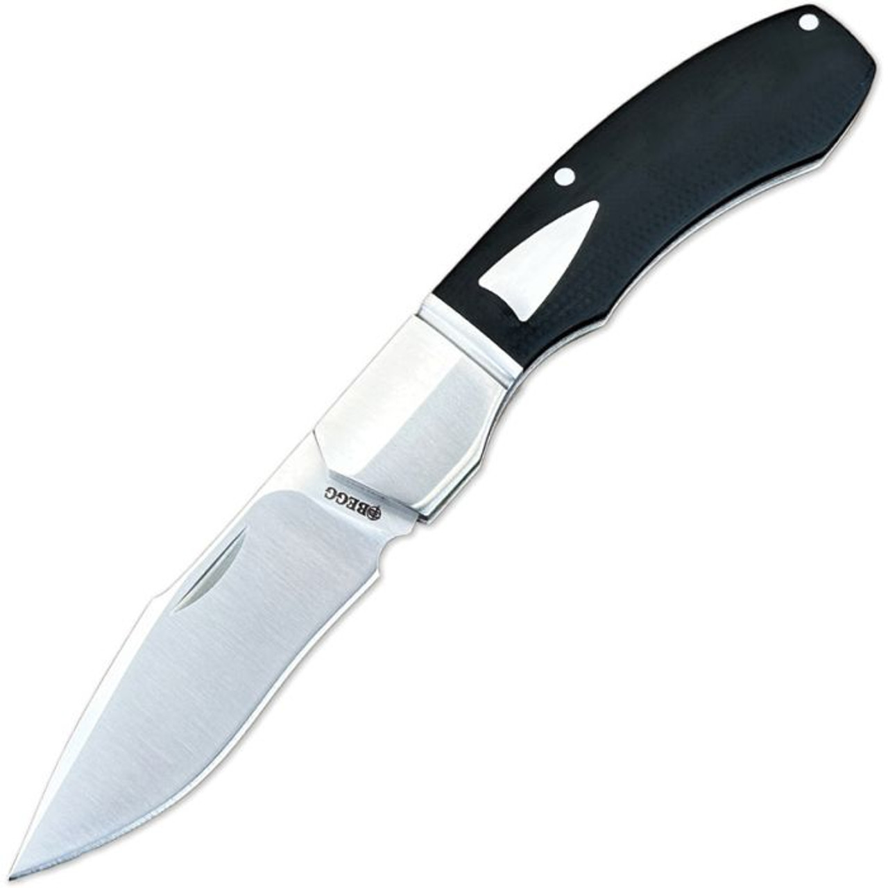 Begg Knives Recurve (BG038) 2.875" Sandvik 14C28N Satin Recurve Plain Blade, Black G-10 Handle with Stainless Steel Bolsters and Shield