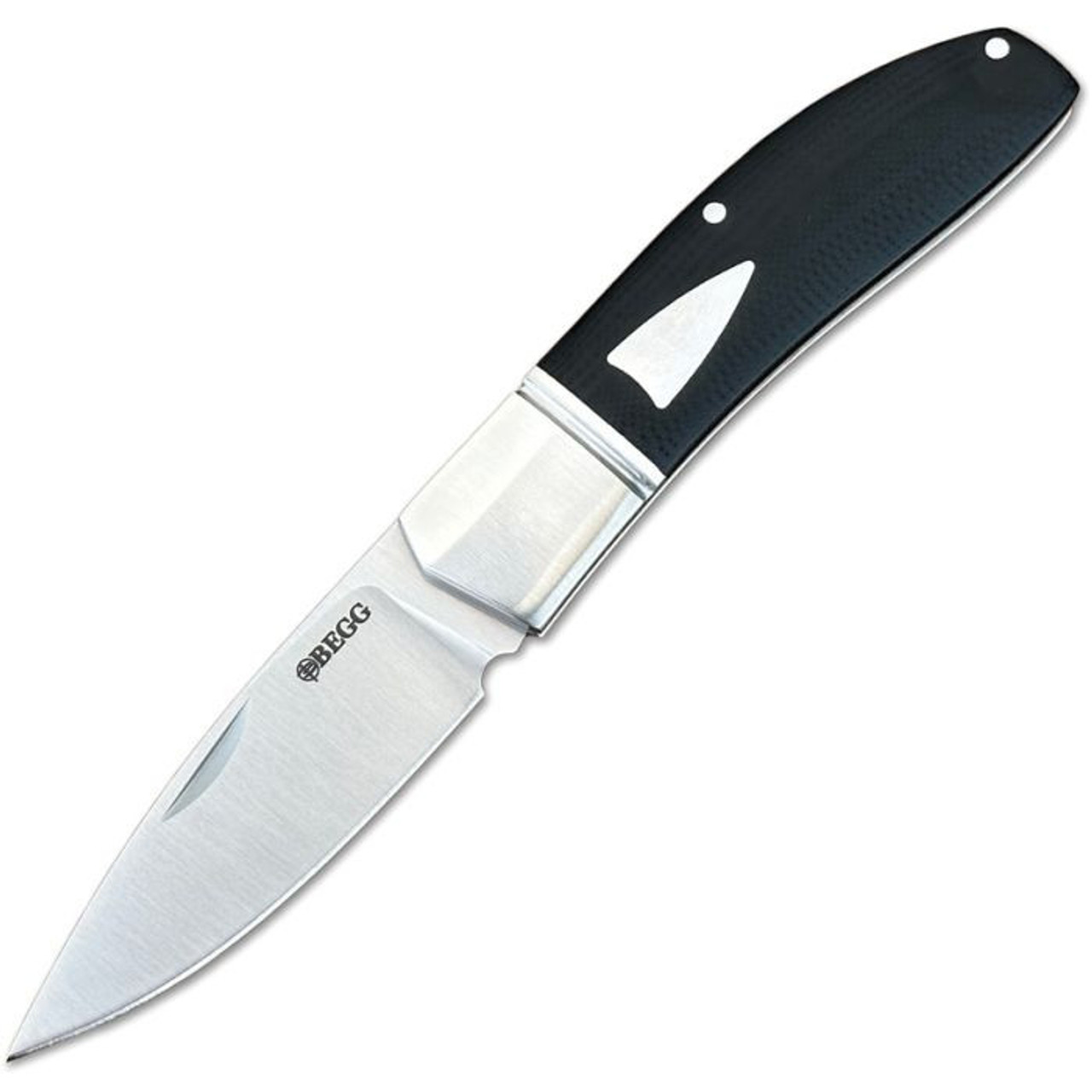 Begg Knives Large Slipjoint (BG037) 3" Sandvik 14C28N Satin Drop Point Plain Blade, Black G-10 Handle with Stainless Steel Bolsters and Shield