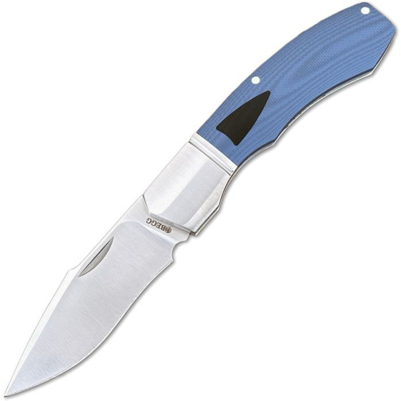 Begg Knives Recurve (BG039) 2.875" Sandvik 14C28N Satin Recurve Plain Blade, Blue G-10 Handle with Stainless Steel Bolsters and Black G-10 Shield