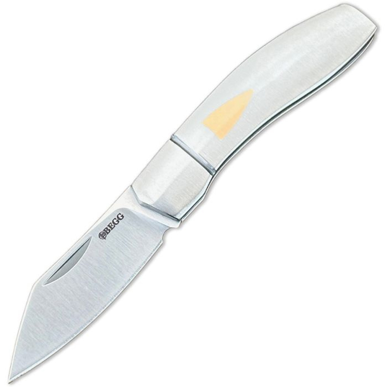 Begg Knives Small Slipjoint (BG046) 2.375" Sandvik 14C28N Satin Sheepsfoot Plain Blade, Stainless Steel Handle with Brass Shield