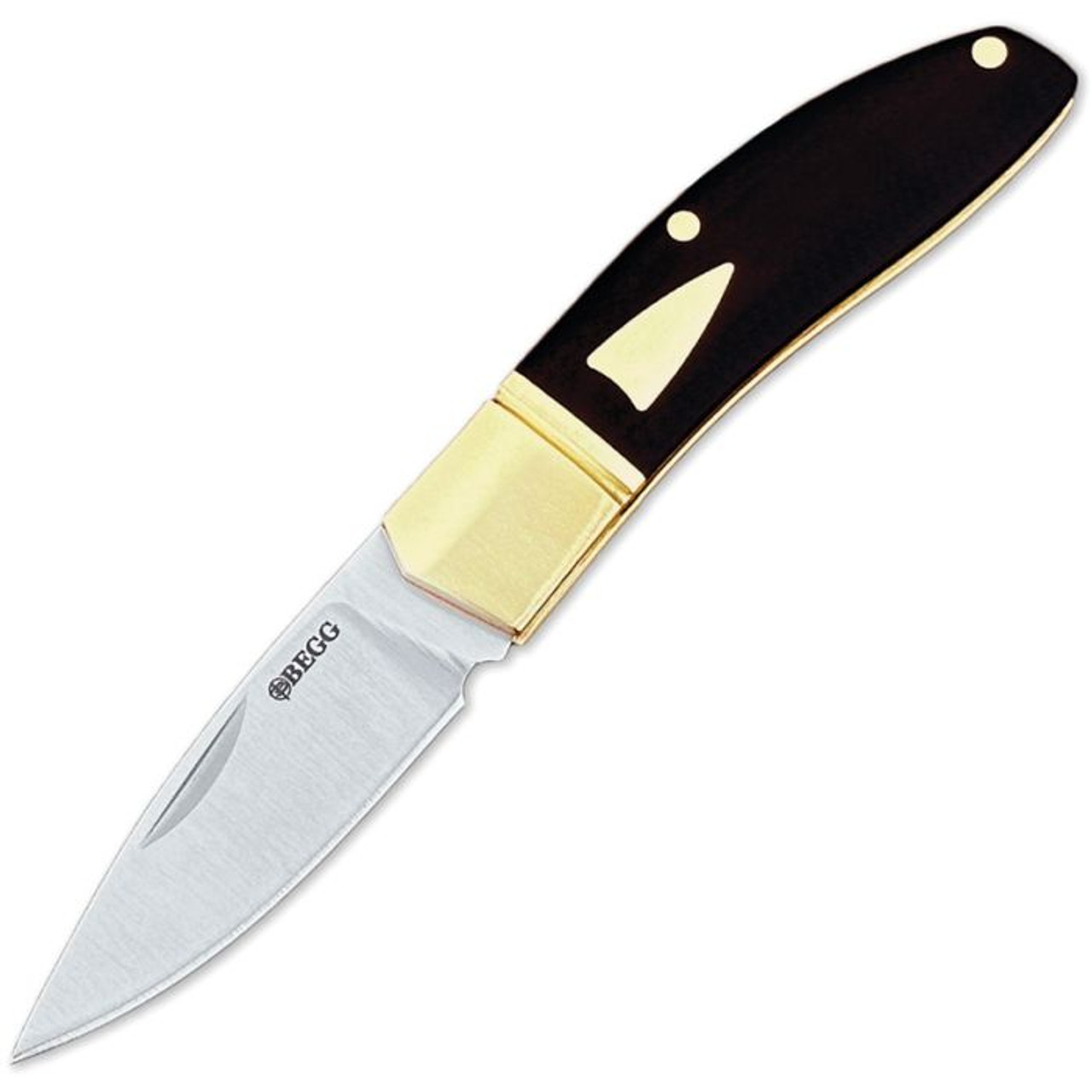 Begg Knives Small Slipjoint (BG045) 2.375" Sandvik 14C28N Satin Drop Point Plain Blade, Black G-10 with Brass Bolsters and Shield