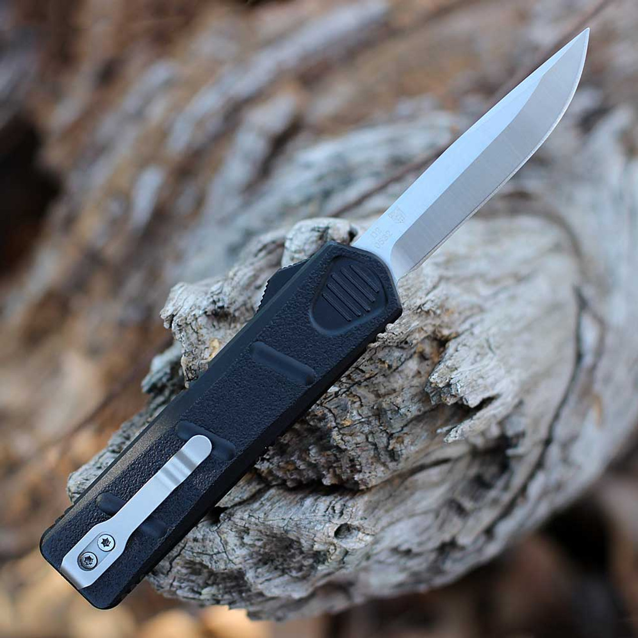 Boker Plus Mini Kalashnikov OTF (06EX358) 2.68" D2 Satin Drop Point Plain Blade, Black Aluminum Handle with Double Action Thumb Slide