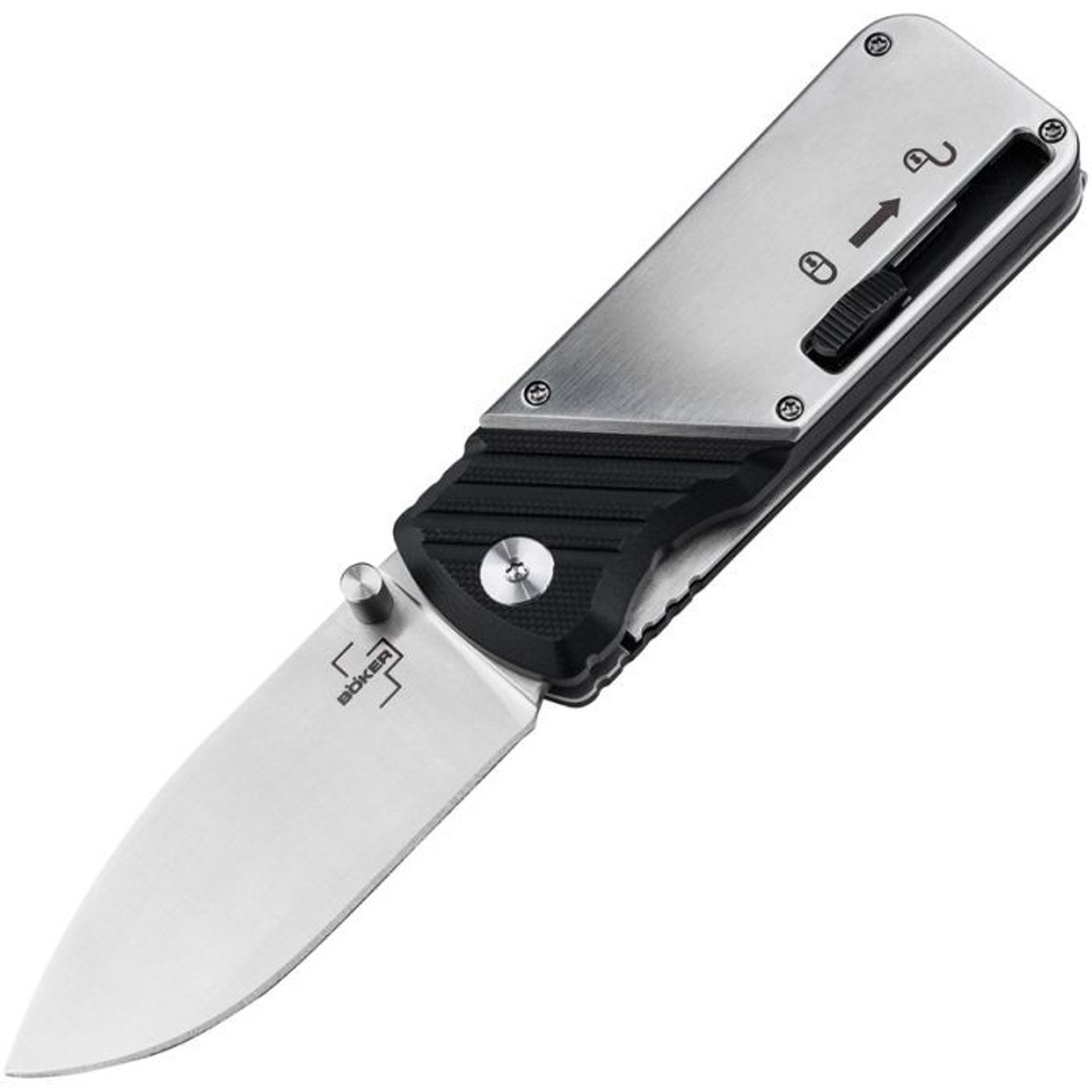 Boker Plus Bill N Ted Operation (01BO629) 2.91" D2 Satin Drop Point Plain Blade, Black G-10 Handle with Aluminum Onlay