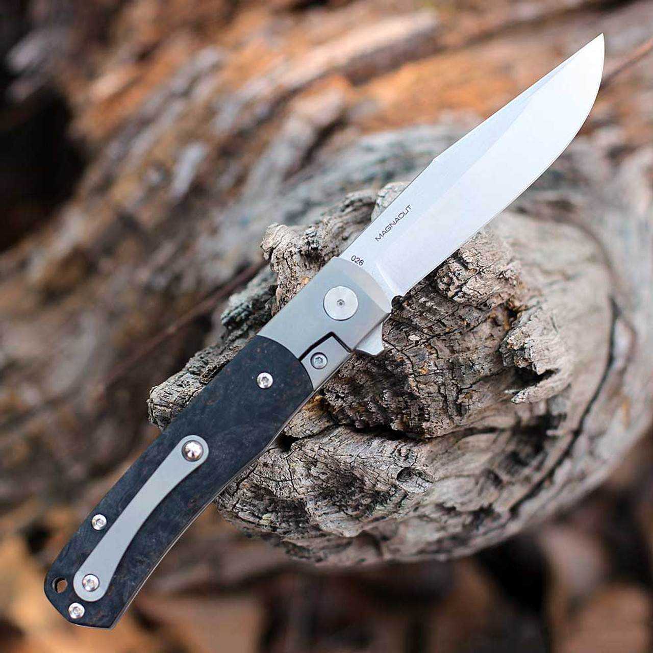 Boker Solingen TRPPR (112098) 3.19" CPM-MagnaCut Satin and Stonewashed Two Toned Drop Point Plain Blade, Curly Birch Wood Handle with Stonewashed Titanium Bolsters