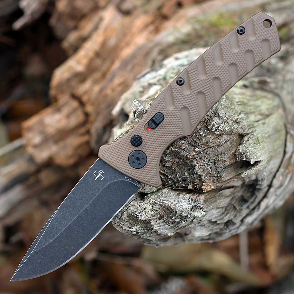 Push button automatic lock with safety on Boker Strike Auto 01BO459