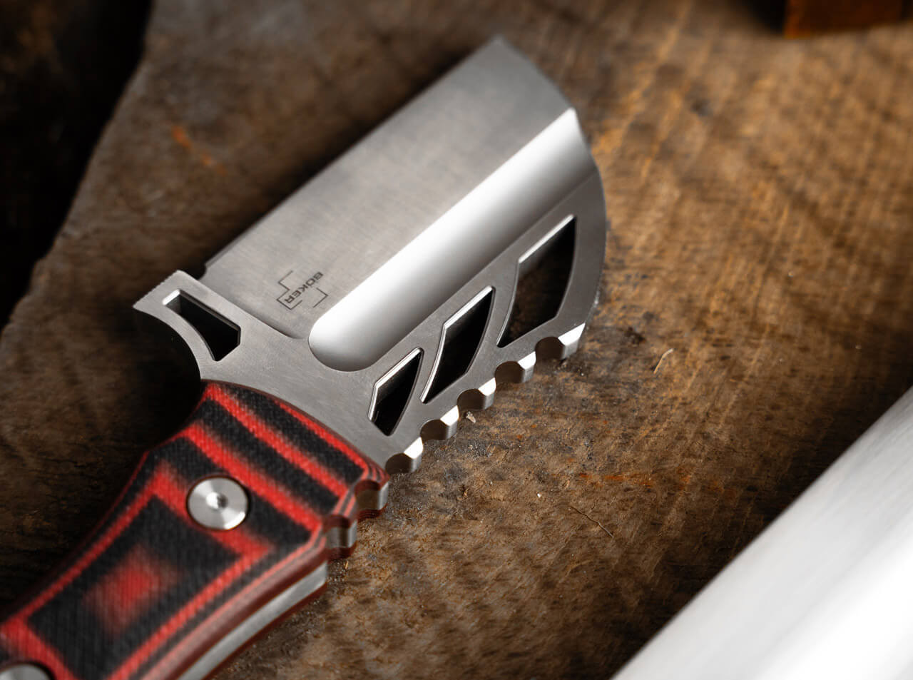 Boker Plus URD XL (02BO092) 2.95" D2 Satin Cleaver Plain Blade, Black and Red G-10 Handle, Black Kydex Sheath