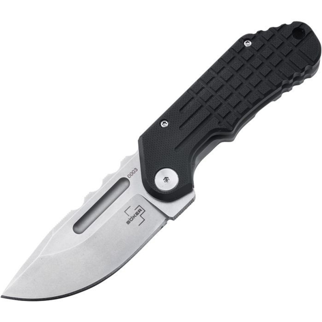 Boker Plus Dvalin (01BO548) 2.76" D2 Stonewashed Drop Point Plain Blade, Black Sculpted G-10 Handle with Stainless Back Handle