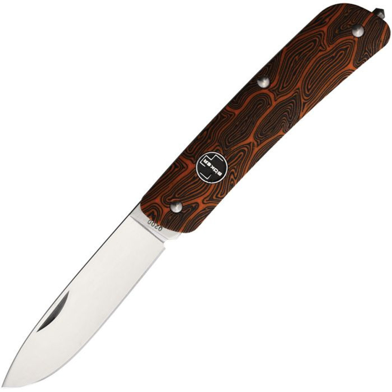 Boker Plus Tech Tool (01BO558) 2.8" 12C27 Satin Drop Point Plain Blade, Orange G-10 Handle wit Damascus Pattern