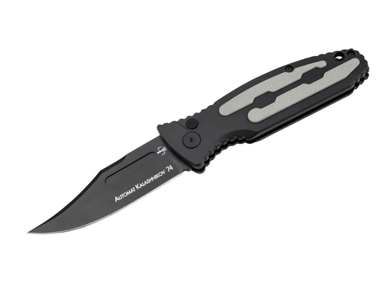 Boker Plus Kalashnikov 74 (01KALS136) 3.35" D2 Black Clip Point Plain Blade, Black Aluminum Handle with Gray G-10 Textured Inlay