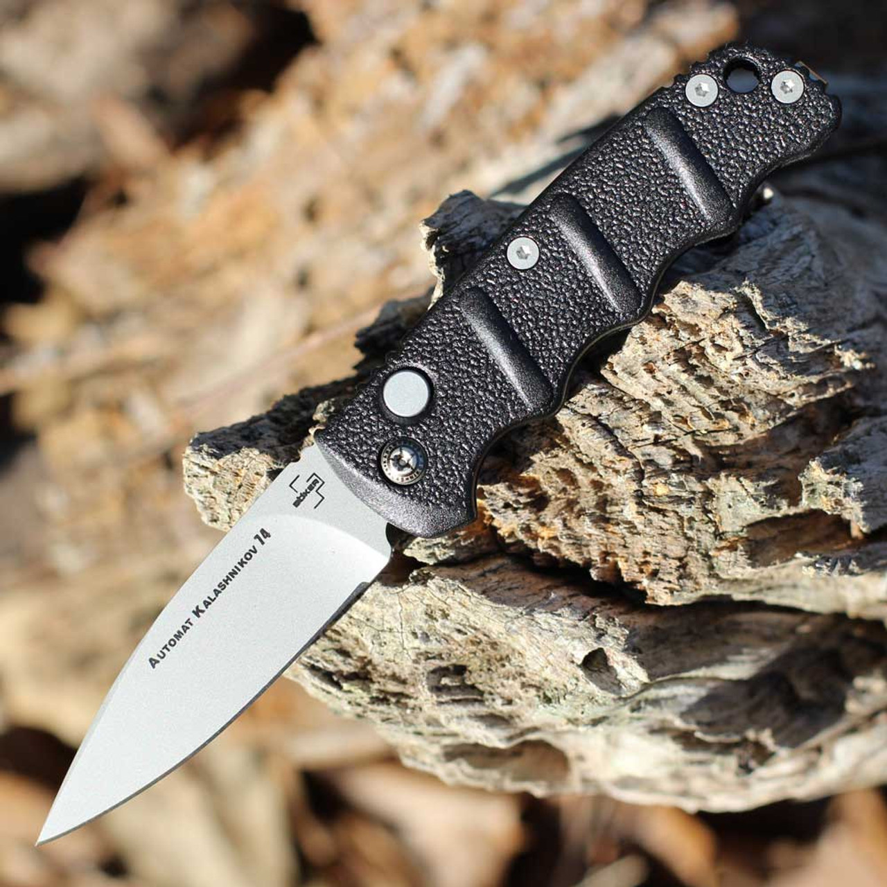 Boker Plus Mini Kalashnikov (01KALS92) 2.52" D2 Bead Blasted Spear Point Plain Blade, Black Aluminum Handle with Push Button Open