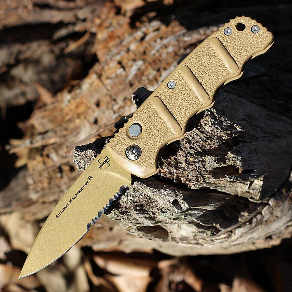 Boker Plus Kalashnikov 74 Non Auto (01KALS103N) 3.35" D2 Desert Brown Spear Point Partially Serrated Blade, Beige Aluminum Handle with Push Button Open