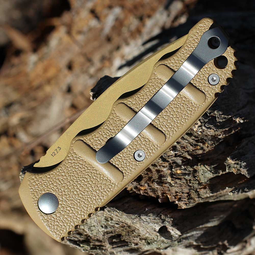 Boker Plus Kalashnikov 74 Non Auto (01KALS103N) 3.35" D2 Desert Brown Spear Point Partially Serrated Blade, Beige Aluminum Handle with Push Button Open