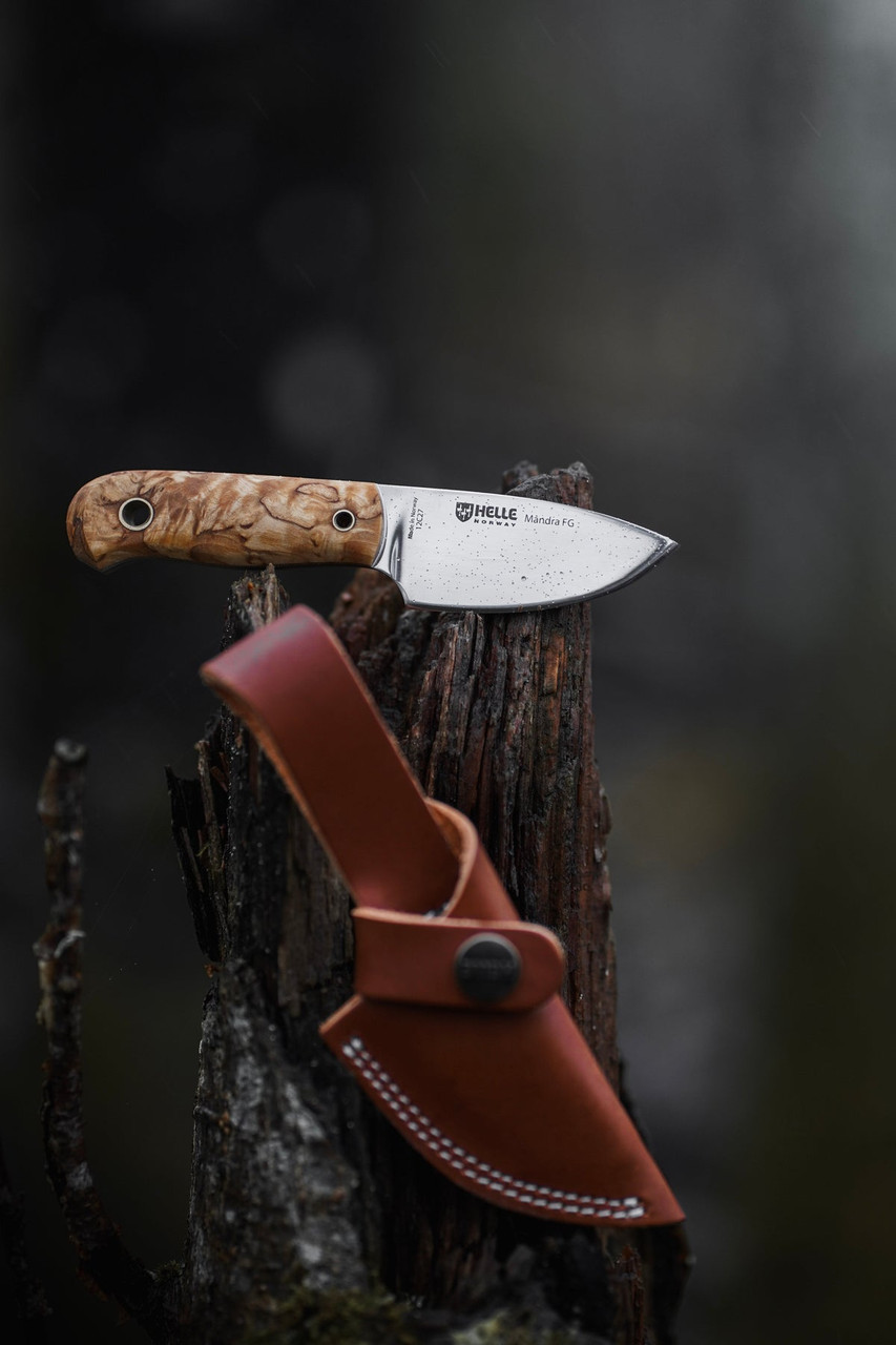 Helle Mandra F6 (HE1620) 2.72" 12C27 Satin Drop Point Plain Blade, Curly Birch Wood Handle with Vulcanized Fiber