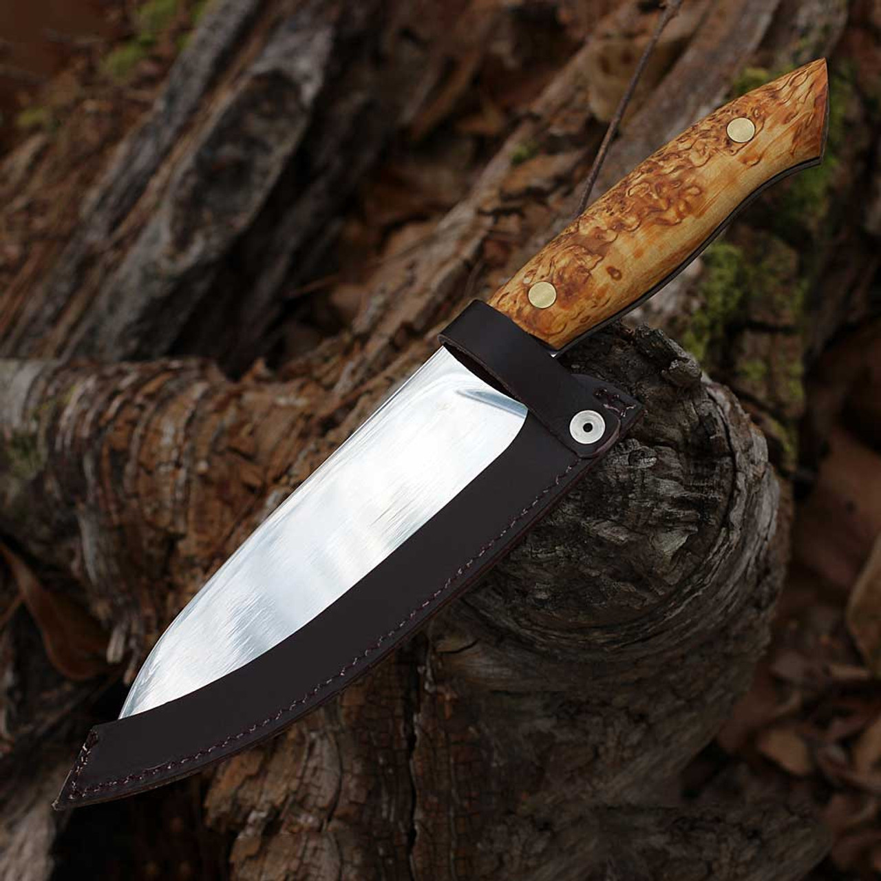 Helle Dele (HE800) 6.30" 12C27 Satin Drop Point Plain Blade, Curly Birch Wood Handle with Vulcanized Fiber Liners, Brown Leather Sheath