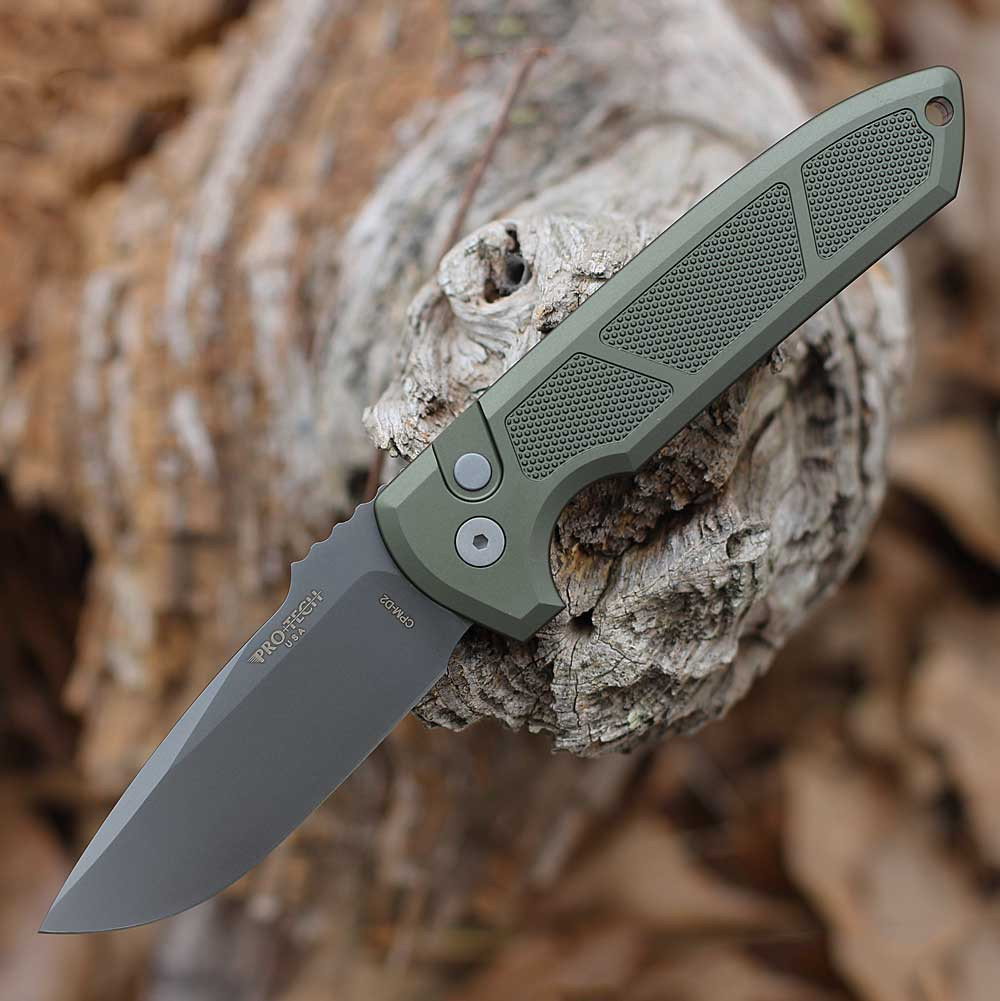 Pro-Tech Les George Rockeye Automatic Knife (LG327 GREEN) - 3.4" Smoky Grey DLC CPM-D2 Drop Point Plain Blade, Green Texture Aluminum Handle