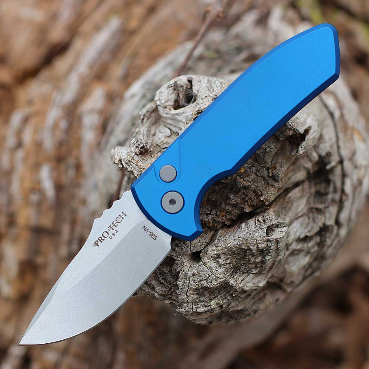 Pro-Tech Les George Short Bladed Rockeye (SBR) Automatic (LG401) -2.5" CPM-S35VN Stonewashed & Satin Clip Point Blade, Blue Aluminum Handles - Les George Design