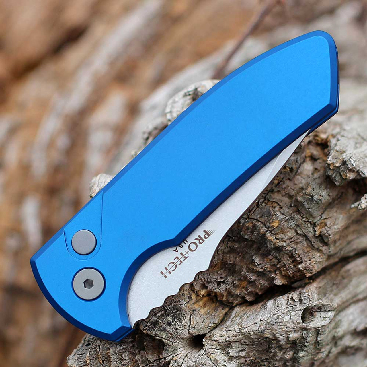 Pro-Tech Les George Short Bladed Rockeye (SBR) Automatic (LG401) -2.5" CPM-S35VN Stonewashed & Satin Clip Point Blade, Blue Aluminum Handles - Les George Design