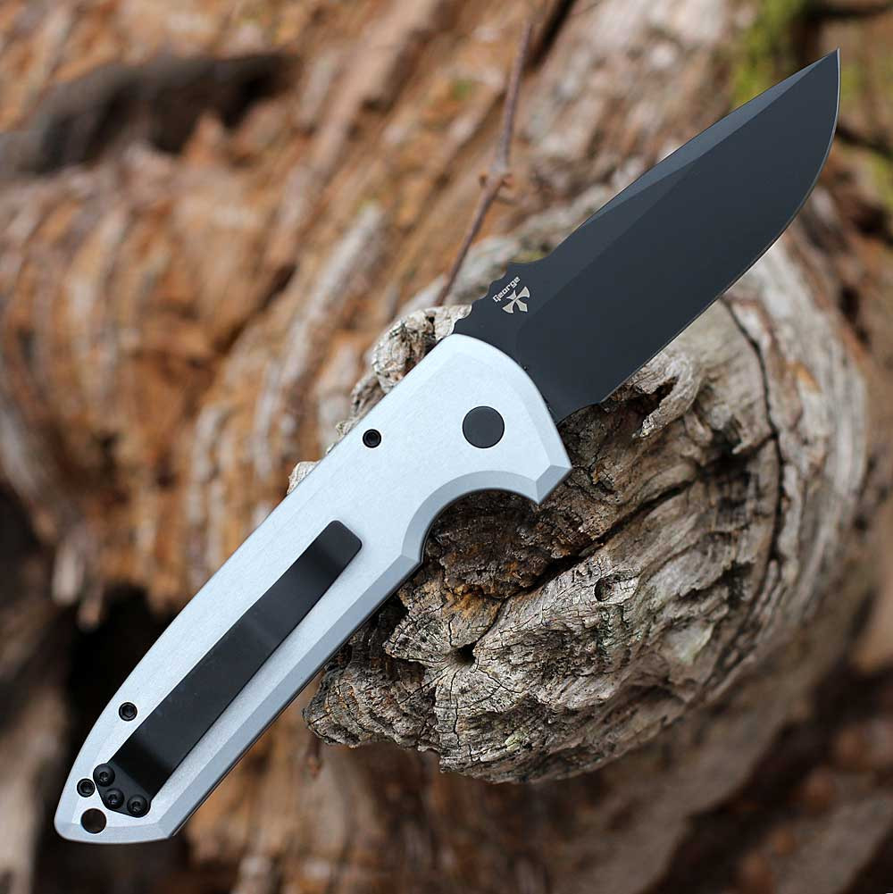 Pro-Tech Les George Rockeye Automatic Knife (LG307 GREY) - 3.4" Black DLC CPM-D2 Drop Point Plain Blade, Grey Texture Aluminum Handle