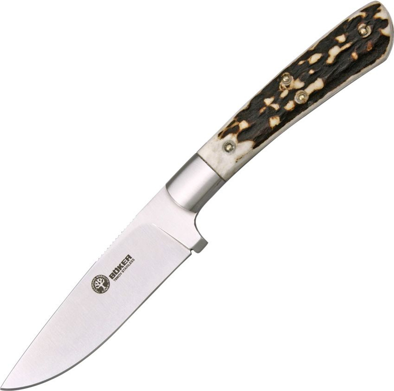 Boker Arbolita Nicker (02BA736H) 3.75" T6MoV Satin Drop Point Plain Blade, Scaled Stag Bone Handle, Brown Leather Sheath