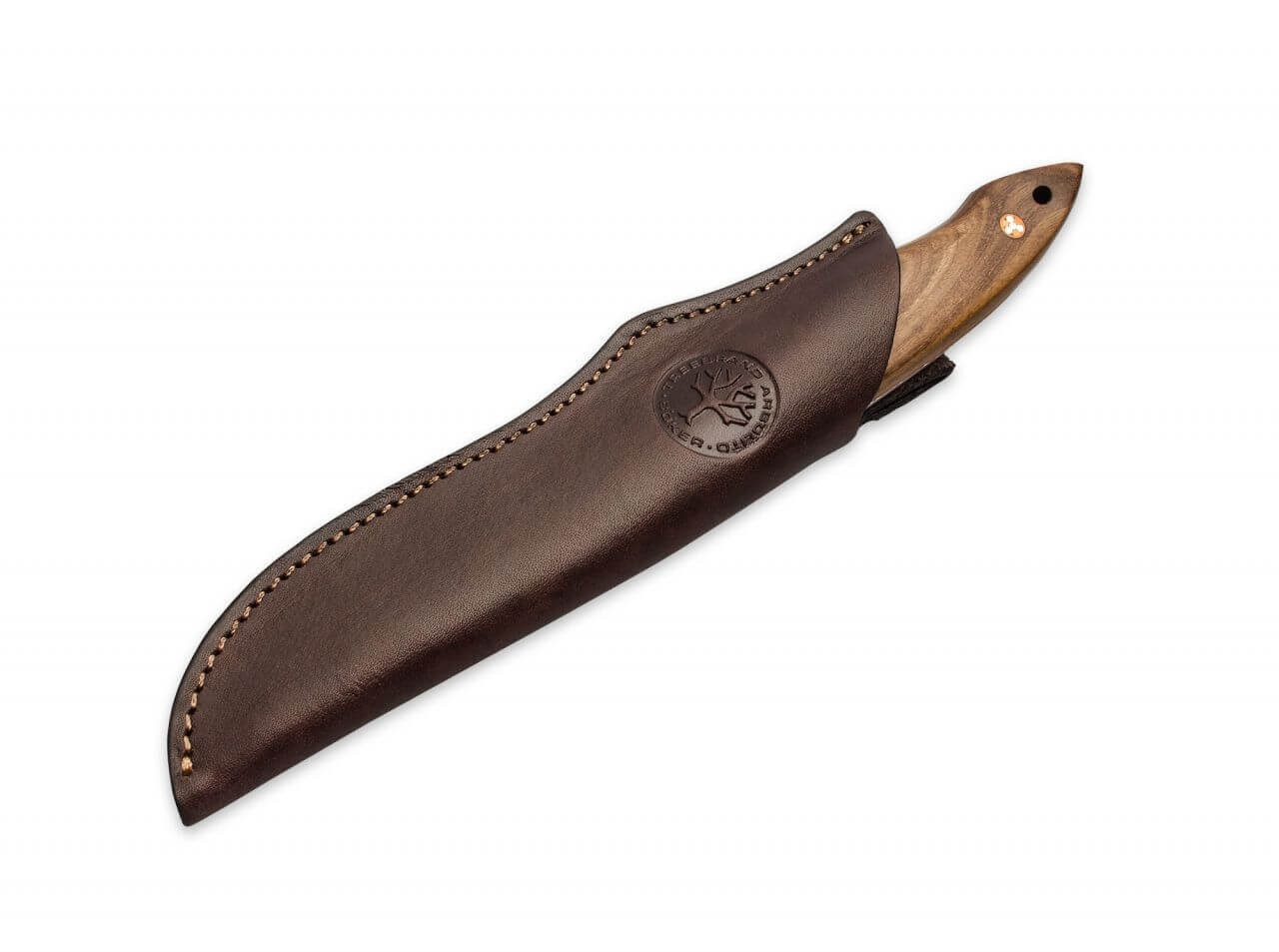 Boker Arbolita Venador (02BA313G) - 5.51" Satin Bohler N695 Drop Point Plain Blade, Ebony Wood Handle, Brown Leather Sheath