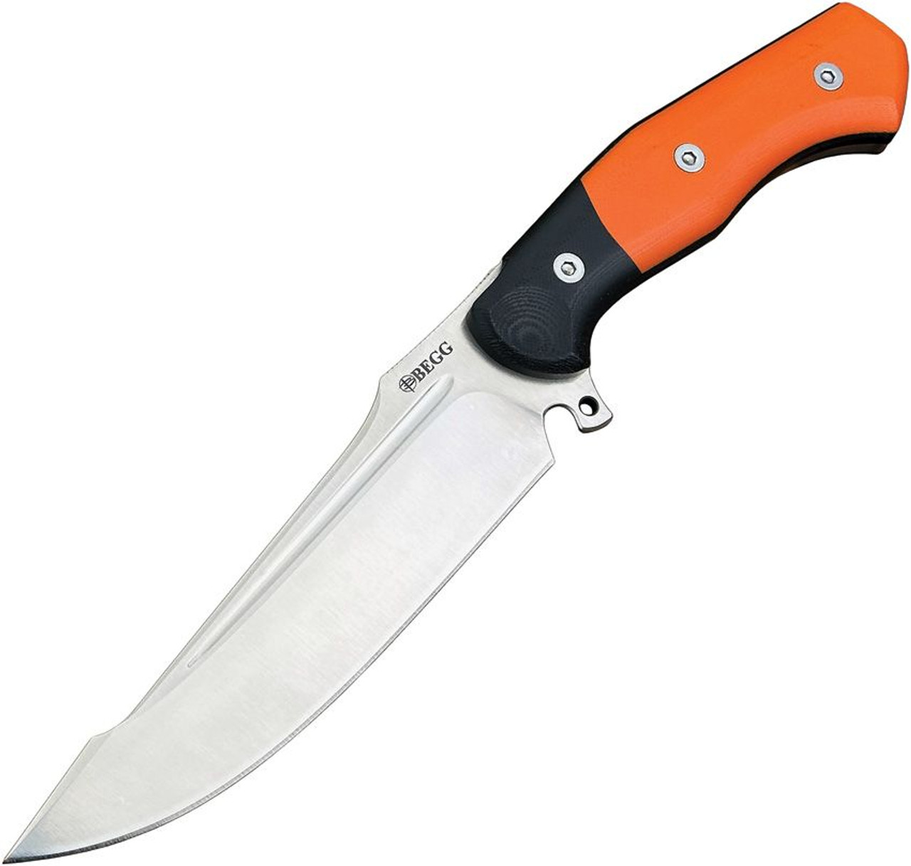 Begg Knives Alligator (BG049) 6.25" 14C28N Satin Drop Point Plain Blade, Black and Orange G-10 Handle, Black Kydex Sheath