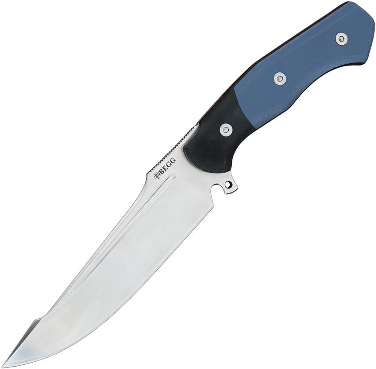 Begg Knives Alligator (BG051) 6.25" 14C28N Satin Drop Point Plain Blade, Black and Blue G-10 Handle, Black Kydex Sheath