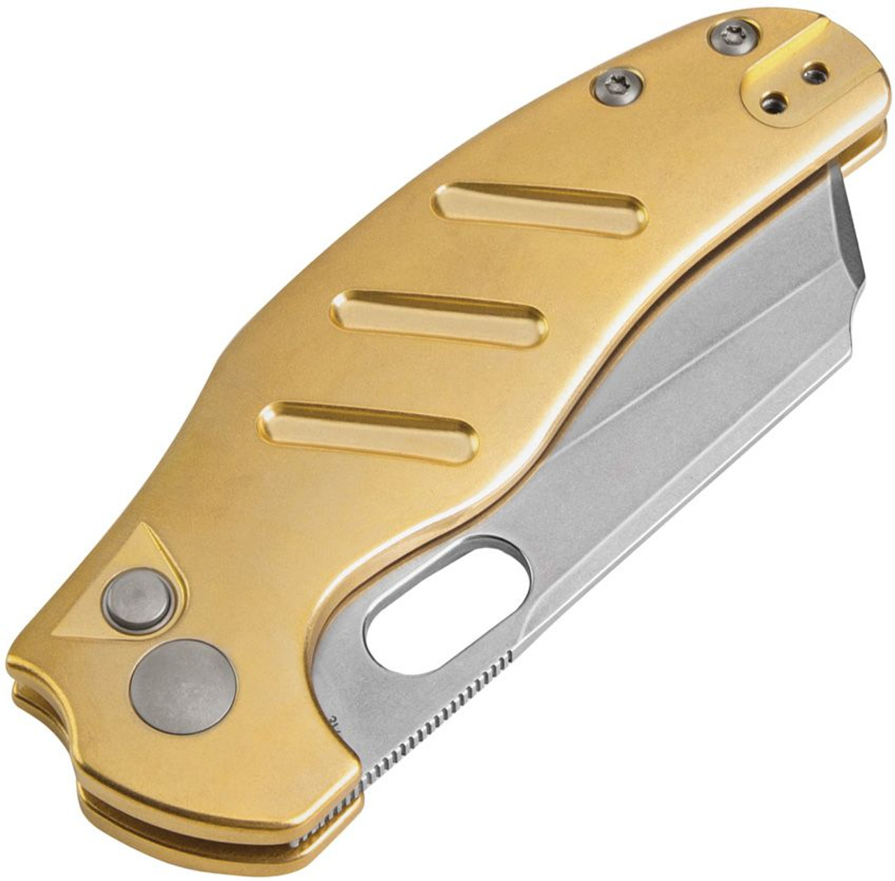 Kizer Sheepdog C101C (V4488BC2) 3.29" CPM-3V Stonewashed Sheepsfoot Plain Blade, Brass Handle, Button Lock