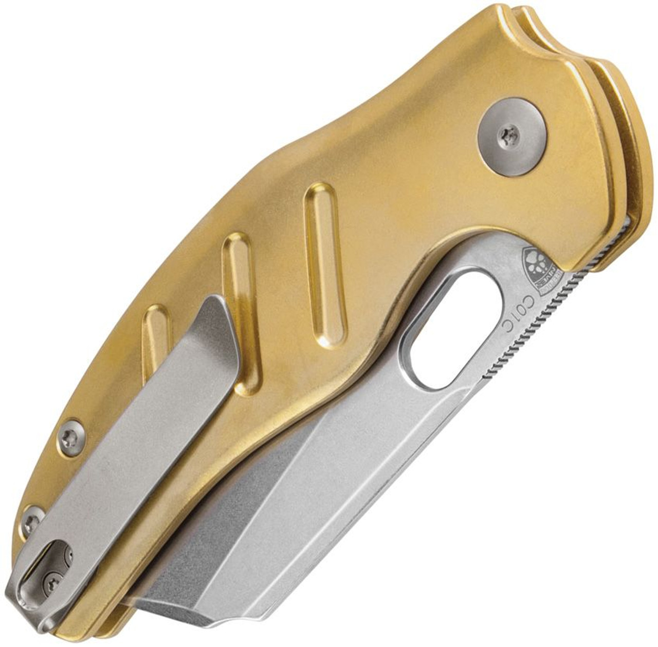 Kizer Sheepdog C101C (V4488BC2) 3.29" CPM-3V Stonewashed Sheepsfoot Plain Blade, Brass Handle, Button Lock