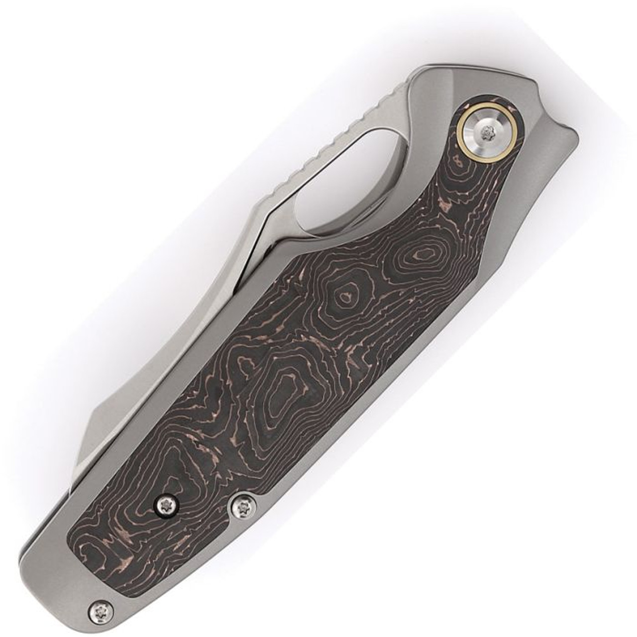 Kansept Knives (K1052A2) 3.54" CPM-20CV Satin Sheepsfoot Plain Blade, Gray Titanium Handle with Copper Foil Carbon Fiber Inlay