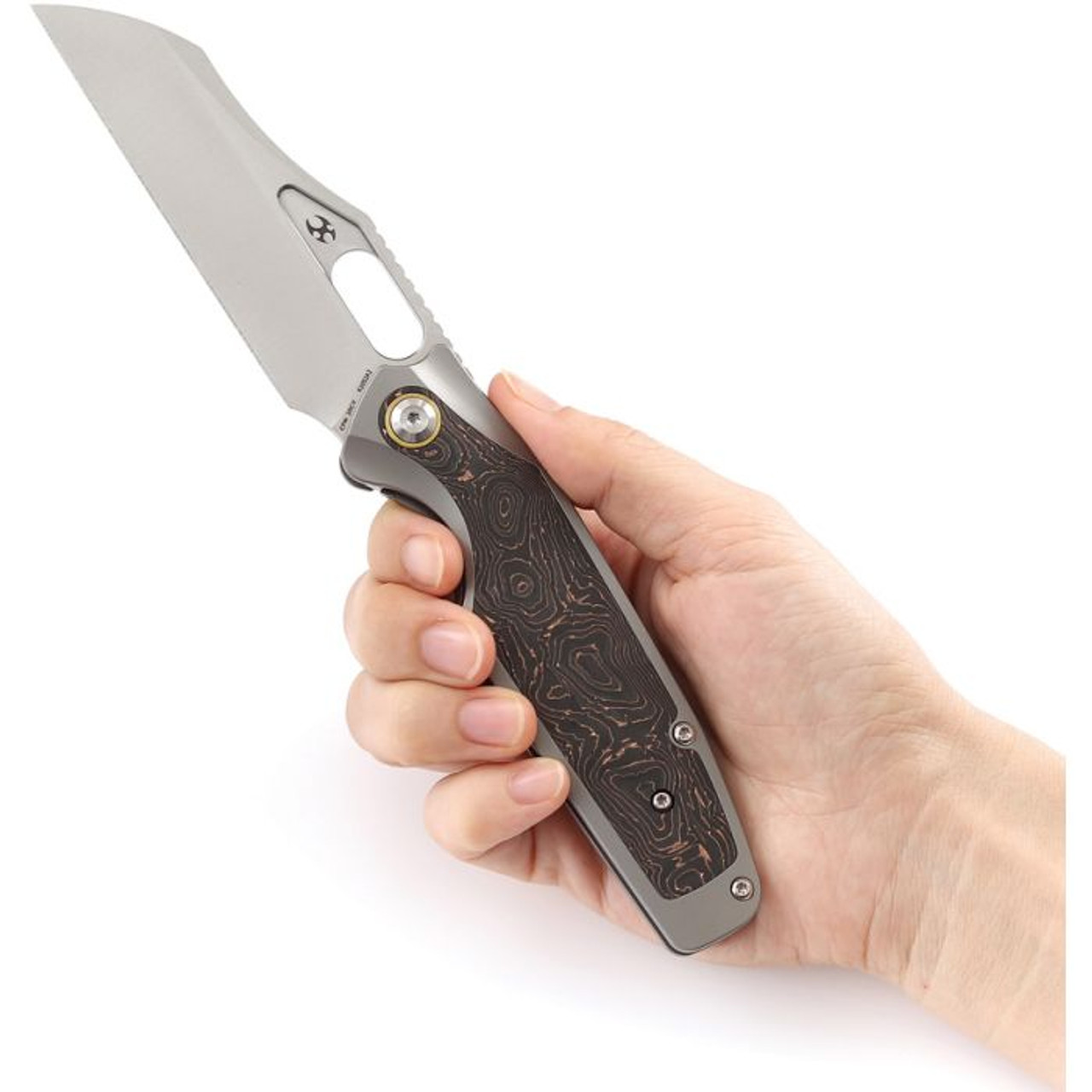 Kansept Knives (K1052A2) 3.54" CPM-20CV Satin Sheepsfoot Plain Blade, Gray Titanium Handle with Copper Foil Carbon Fiber Inlay