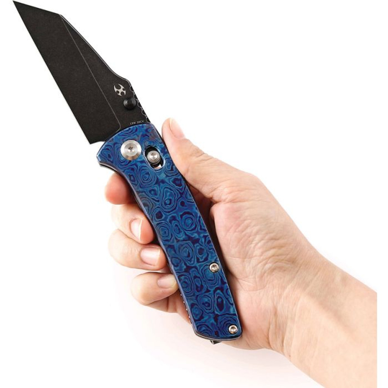 Kansept Knives Main Street (K1015M1) 3.36" CPM-20CV Black Wharncliffe Plain Blade, Blue Timascus
