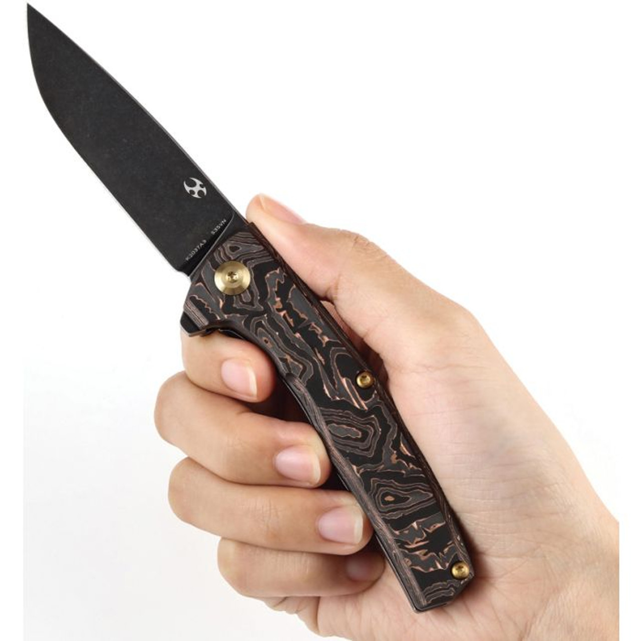 Kansept Knives AGI (K2037A3) 2.94" CPM-S35VN Blackwashed Drop Point Plain Blade, Copper Foil Carbon Fiber Handle with Blackwashed Titanium Back Handle