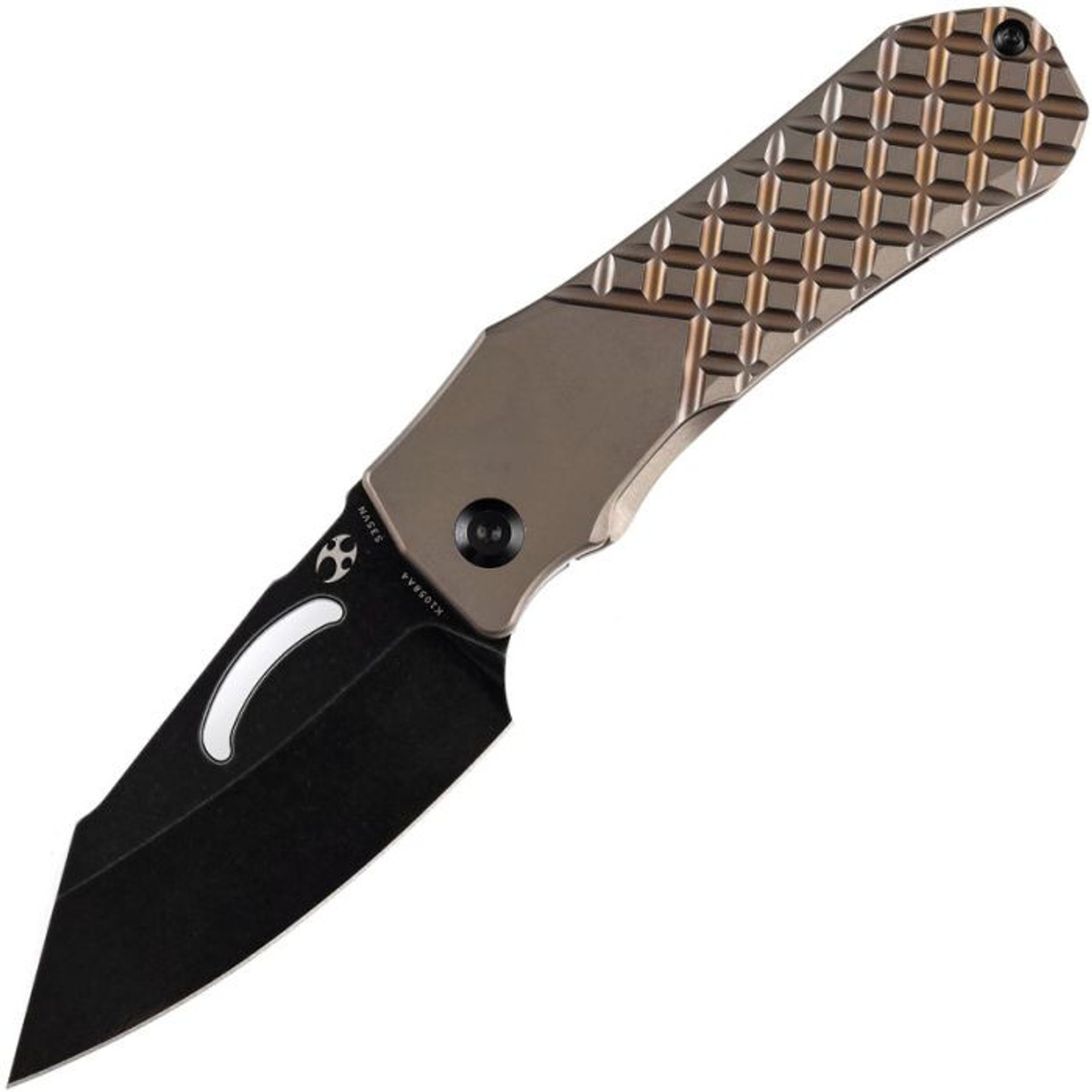 Kansept Knives Loki (K1058A4) 2.99" CPM-S35VN Blackwashed Reversed Tanto Plain Blade, Bronze Anodized Titanium with Frag Pattern Handle