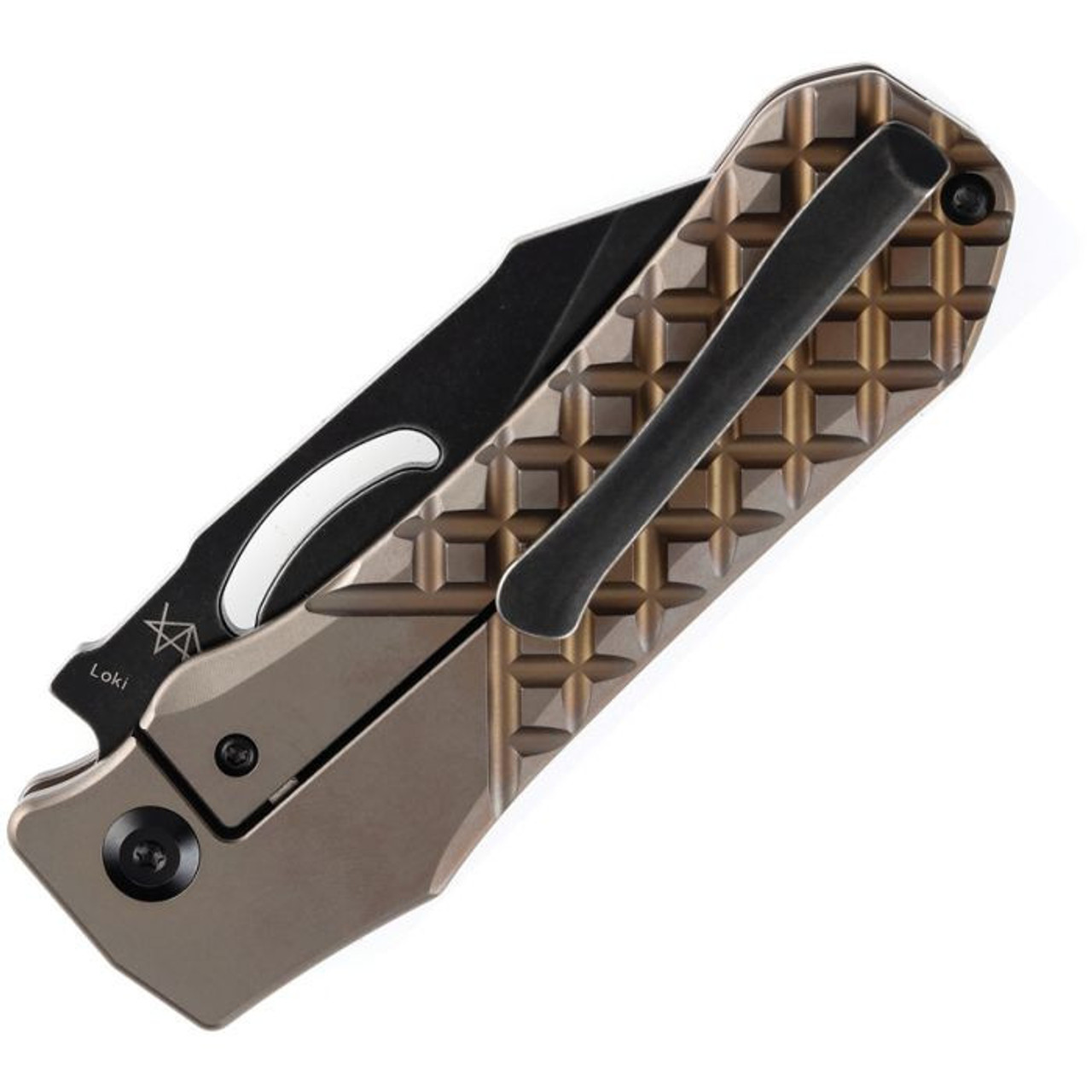 Kansept Knives Loki (K1058A4) 2.99" CPM-S35VN Blackwashed Reversed Tanto Plain Blade, Bronze Anodized Titanium with Frag Pattern Handle