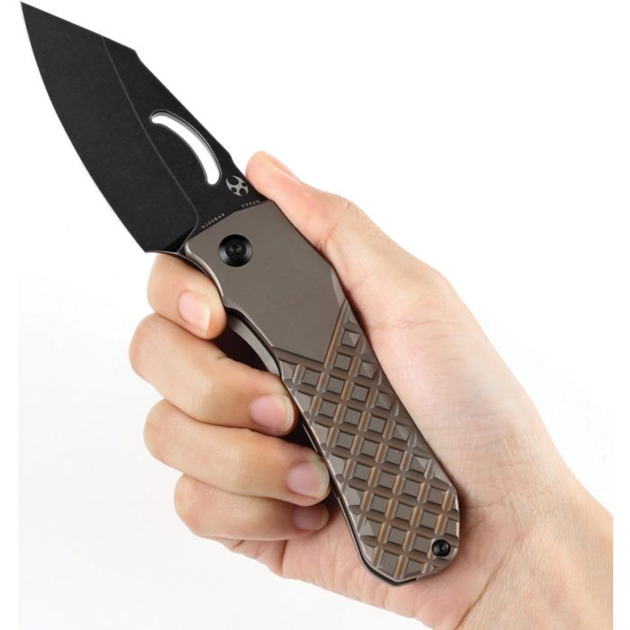 Kansept Knives Loki (K1058A4) 2.99" CPM-S35VN Blackwashed Reversed Tanto Plain Blade, Bronze Anodized Titanium with Frag Pattern Handle