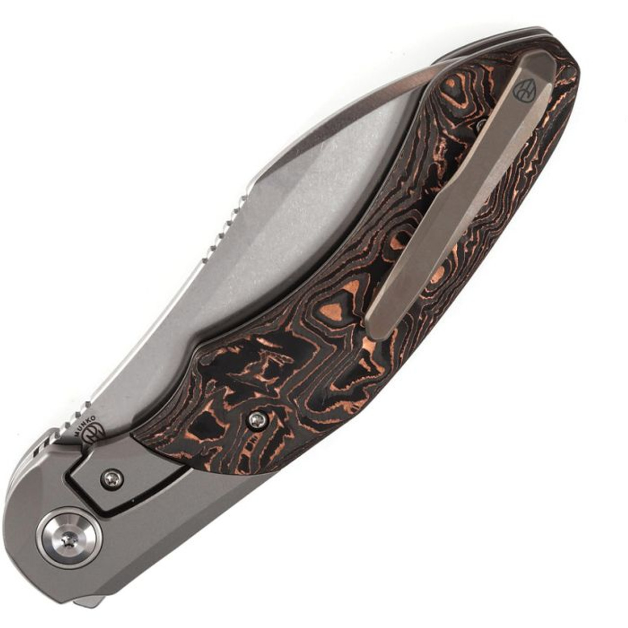 Kansept Knives Cosmos (K1059A1) 3.58" CPM-20CV Stonewashed Wharncliffe Plain Blade, Gray Titanium Handle with Copper Foil Carbon Fiber Onlay