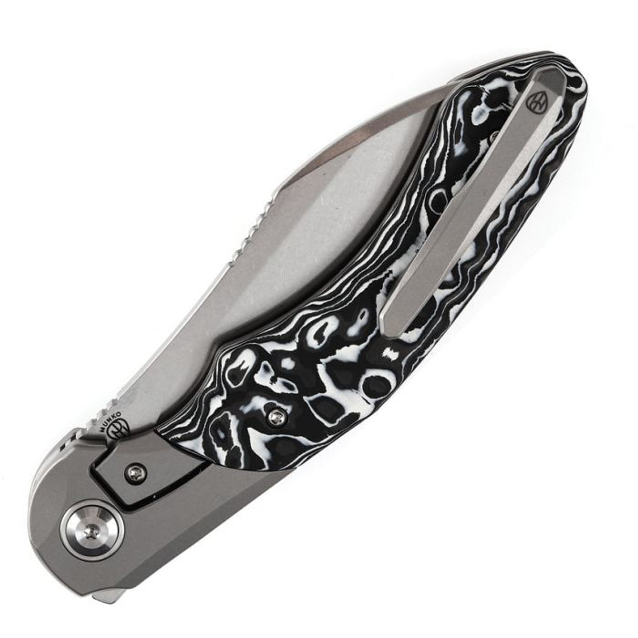 Kansept Knives Cosmos (K1059A2) 3.58" CPM-20CV Stonewashed Wharncliffe Plain Blade, Gray Titanium Handle with Black and White Nebula Carbon Fiber Onlay