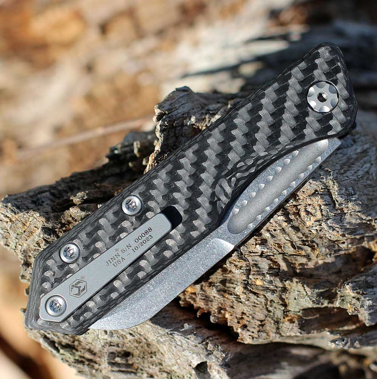 Heretic Knives Jinn Slip Joint Folder (H013-2B-CF) - 3.0"Satin CPM-MagnaCut Wharncliffe Blade Partially Serrated Edge, Carbon Fiber Handle with Silver Hardware