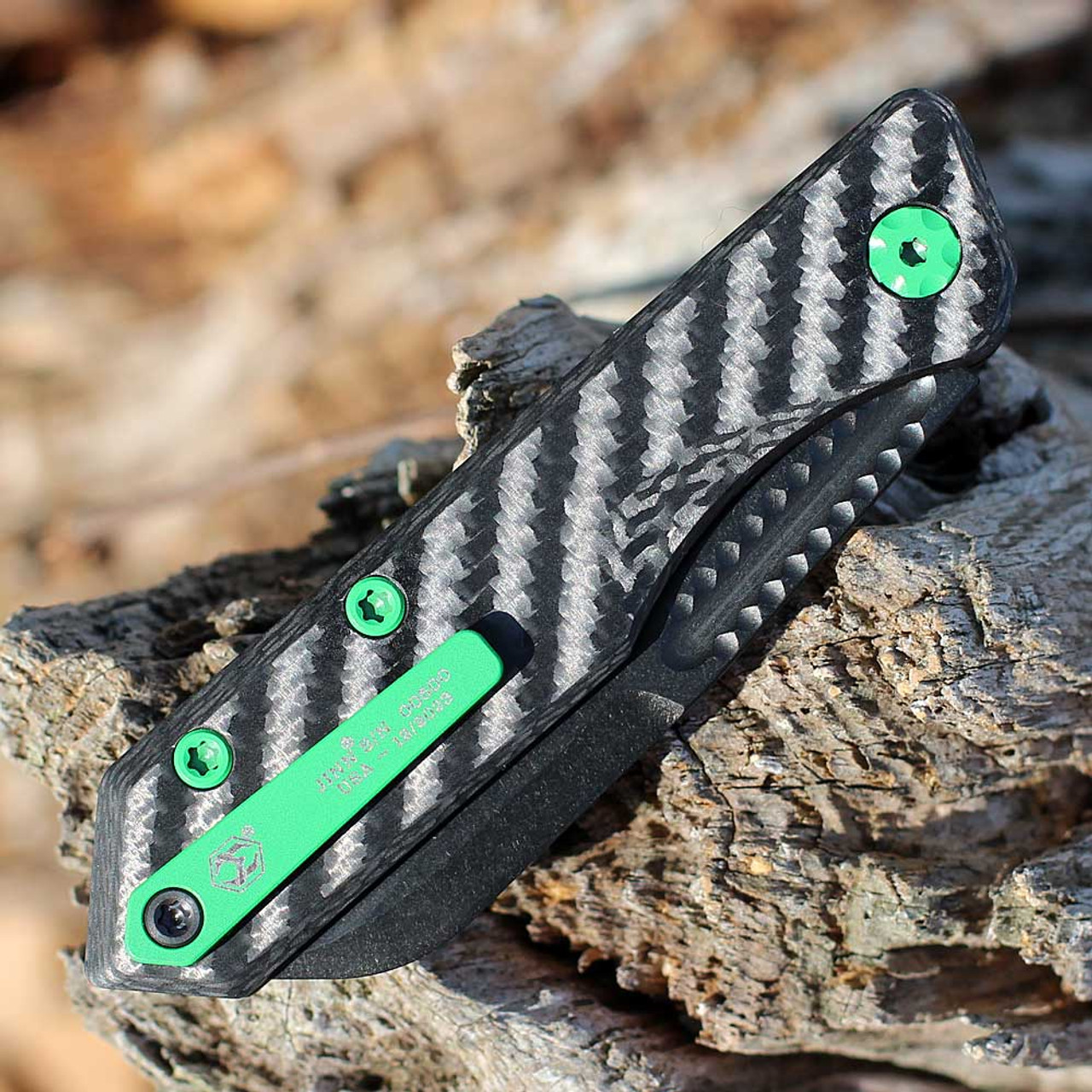 Heretic Knives Jinn Slip Joint Folder (H013-6A-CFTX) - 3.0" DLC CPM-MagnaCut Wharncliffe Blade Plain Edge, Carbon Fiber Handle with Toxic Green Hardware