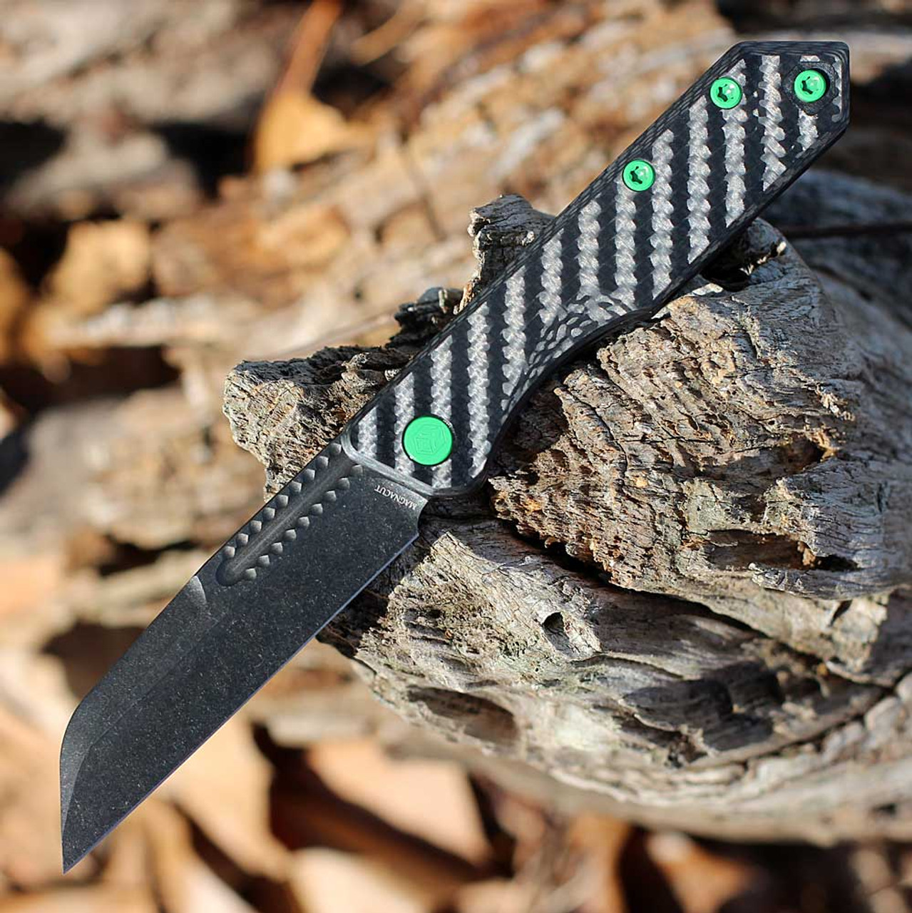 Heretic Knives Jinn Slip Joint Folder (H013-6A-CFTX) - 3.0" DLC CPM-MagnaCut Wharncliffe Blade Plain Edge, Carbon Fiber Handle with Toxic Green Hardware