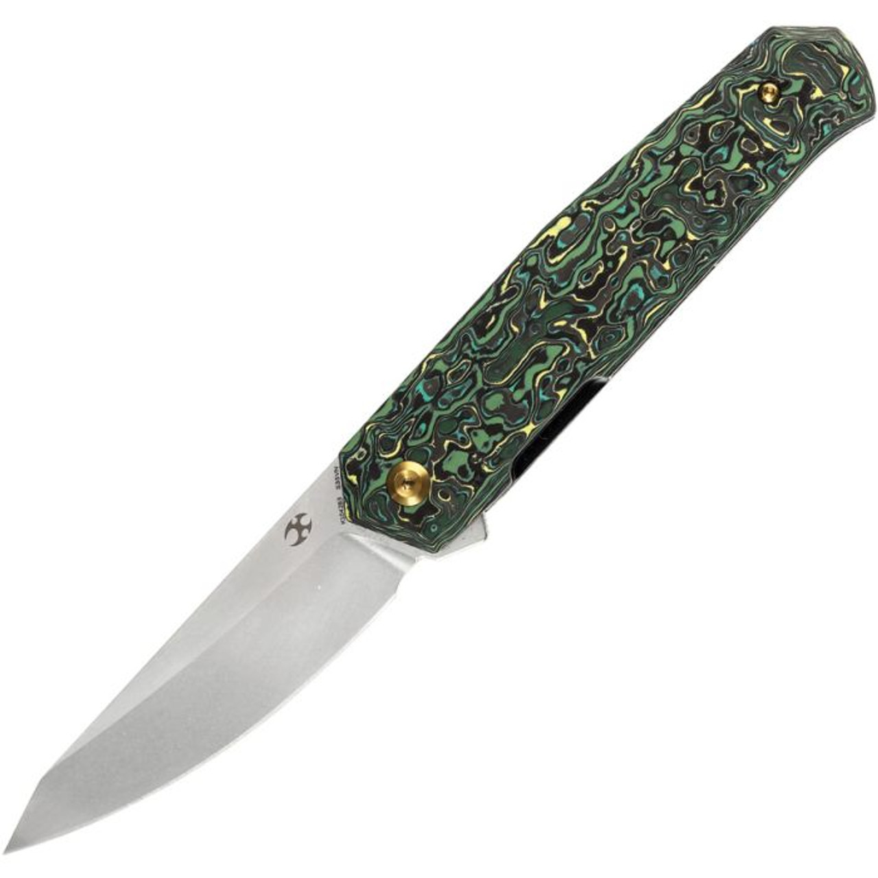 Kansept Knives Integra (K1042B3) 3.63" CPM-S35VN Stonewashed Reverse Tanto Plain Blade, Green and Yellow Carbon Fiber Handle